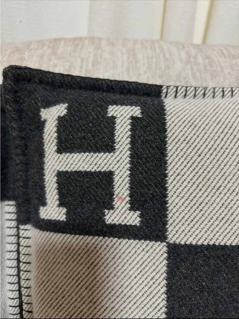 Hermes-Style Black and Cream Check Pillow Cover - H Motif